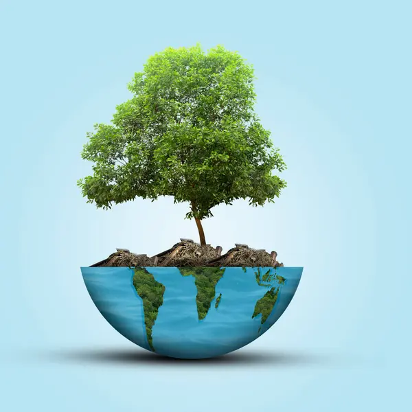 Globe with a growing tree on a colored background. Earth day concept