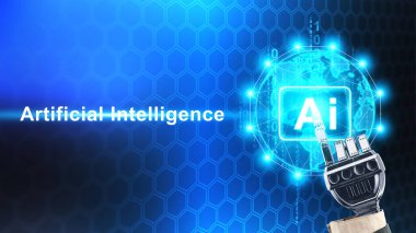 Robot el dijital arkaplandaki yapay zeka tuşuna basar. Yapay zeka kavramı