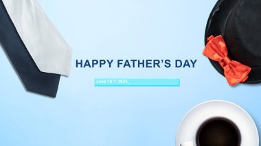 Kırmızı fiyonklu siyah şapka, gri kravat ve mavi arka planda bir fincan kahve, mutlu babalar günü fikri. Beraberlik ilişkisi, koruma, destek ve aile kavramı.