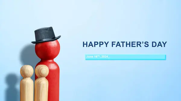 父親と子供の木人形 青い背景に幸せな父の日の考え 共生関係 サポート 家族のコンセプト ストック画像
