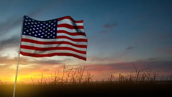 Vista Cerca Bandera Americana Con Fondo Escena Puesta Del Sol Imagen De Stock