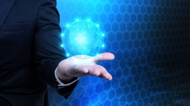 Elinde dijital arka planda sanal küresel ağ iletişimini gösteren bir iş adamı portresi
