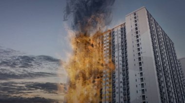 Yanan binalardan çıkan yoğun duman dramatik bir sahne geçmişi var. Bir bina yanıyor ve yanıyor.