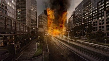 Şehirdeki yangın manzarası var. Savaş geçmişi kavramı.