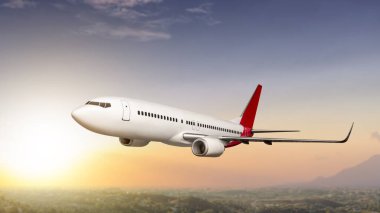 Uçak bulutların üzerinde uçar ve dünyayı dolaşmak için yolcu taşır. Seyahat kavramı