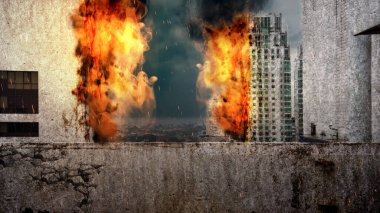 Kıyamet Şehri 'nde yakılmış ve yıkılmış bir bina. Bir bina yanıyor ve yanıyor.