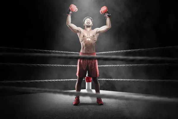 ボクシングリングで彼の勝利を祝う赤いボクシング手袋を持つボクシング男の肖像画 — ストック写真