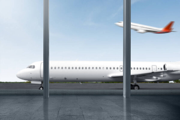 Терминал аэропорта с видом на самолет на взлетно-посадочной полосе на голубом фоне неба. Концепция путешествия