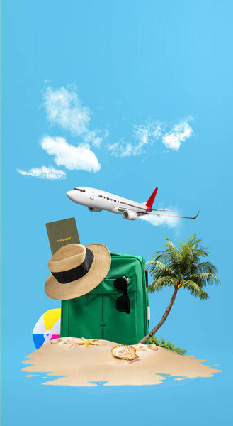Flying airplane with globe, suitcase, passport, and beach hat on a colored background. Ready for traveling. Traveling concept
