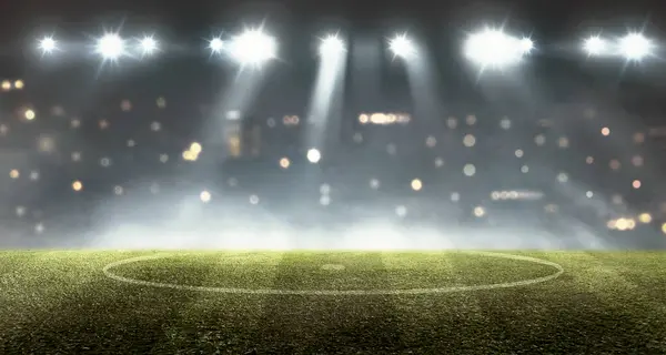 Empty Soccer Field Sports Stadium Illuminated Spotlights Background 스톡 이미지