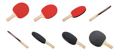Beyaz arkaplanda izole edilmiş farklı açılara sahip ping pong raketi seti