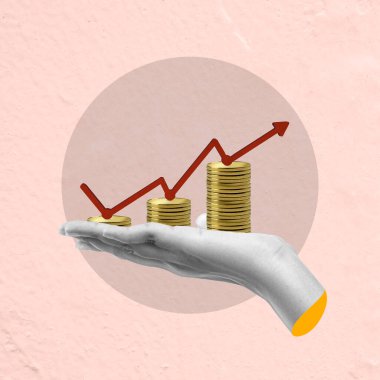 Renkli arka planda artmış grafik oku olan altın para yığınını tutan bir insan eli. İş ve finans kolaj sanatı