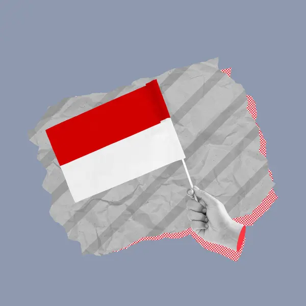 stock image Contemporary art collage featuring a hand holding the indonesian flag on a textured background, symbolizing patriotism and national identity