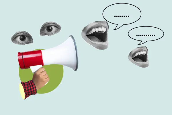 Stock image Contemporary art collage representing a person holding a megaphone trying to communicate with shouting mouths with speech bubbles and watching eyes