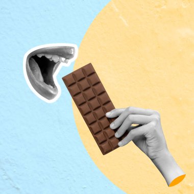 Bir insan eli renkli bir arka planda çikolata yiyor. Kolaj sanatı
