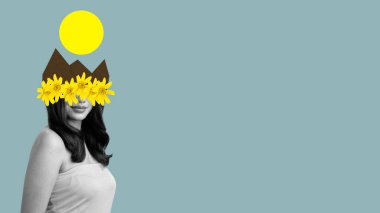 Kafasında ayçiçeği tacı olan bir kadın, renkli bir arka planda.