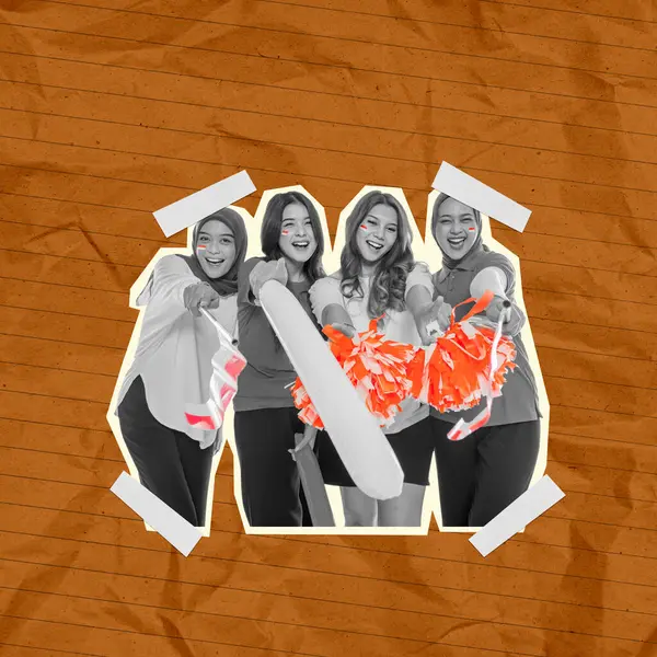 stock image A group of four women are posing with a white object, possibly a baton, and are smiling. The image has a fun and lighthearted mood. Indonesian independence day concept