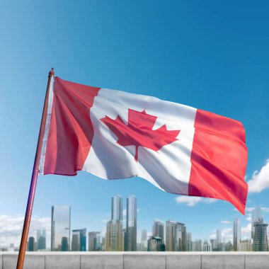 Kırmızı ve beyaz bir Kanada bayrağı bir şehrin üzerinde gökyüzünde dalgalanıyor. Bayrak direği uzun ve bayrak büyük. Mavi gökyüzüne karşı duruyor. Aşağıdaki şehir hareketlilikle dolup taşıyor