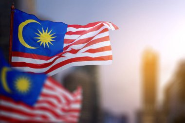 Mavi ve kırmızı çizgili bir Malezya bayrağı havada dalgalanıyor.