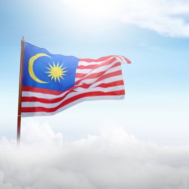 Kırmızı çizgili bir Malezya bayrağı ve ortasında sarı bir yıldız olan mavi bir şerit. Bayrak gökyüzünde dalgalanıyor