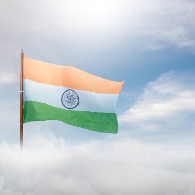 Yeşil, beyaz ve kırmızı renkli bir Kızılderili bayrağı. Bayrak rüzgarda sallanıyor. Gökyüzü bulutlu ve güneş görünmüyor.