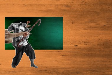 Bir adam baston tutuyor ve birine vurmak üzere. Görüntü bir adam ve bir sopa kombinasyonudur, ana odak noktası sopadır. Sahne karanlık ve şiddet dolu. Kolaj sanatı