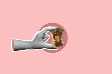 Isırılmış donutu tutan bir el. Dünya Gıda Günü. Kolaj sanatı