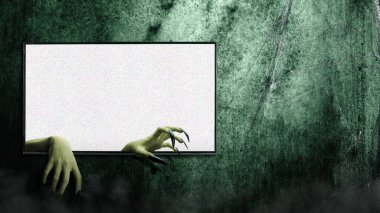 Karanlık oda arka planında televizyon ekranından çıkan uzun siyah tırnaklı cadı eli. Şeytan, zombi ya da canavar eli gibi görünen bir el. Ürkütücü Cadılar Bayramı konsepti