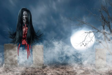 Kuyang, Kunyang, Palasik veya Krasue hayaleti. Şeytan, şeytan, şeytan, Endonezya, Güneydoğu Asya 'dan canavar figürü. Cadı ya da şaman kafayı vücuttan ayırır. Ürkütücü Cadılar Bayramı konsepti