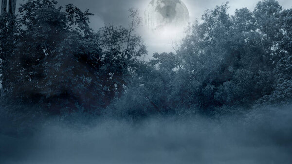 Большая полнолуние в небе над лесом. Луна окружена звездами, а небо темно. Драматический эффект дыма или тумана. Макет. Скопируй пространство. Обои или Хэллоуин фон