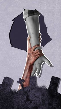Kanlı bir yara almış bir zombi eli karanlık odada bir insanın elini tutuyor. Sahne karanlık ve korkutucu. Zombi, şeytan, şeytan, şeytan ya da canavar eller. Cadılar Bayramı Kolajı