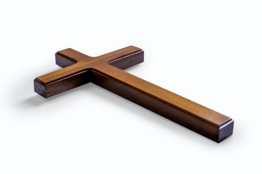 Ahşap din beyaz arka planda izole edilmiş. Dindar Hıristiyan bayramı. Tanrıya olan inancın sembolü, Hıristiyanlık ziyafeti, Paskalya Bayramı, Kutsal Cuma, Palm Sunday. Dini Hristiyan konsepti