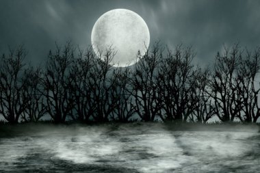 A large of full moon is in the sky above a grass with sky is dark. Dramatic smoke or fog effect. Mockup. Copy Space. Wallpaper or Halloween background clipart