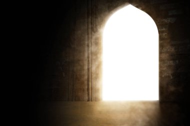 Caminin beyaz kemerli kapısından içeri ışık giriyor. İslam dini, Ramazan kareemi veya Kurban Bayramı geçmişi