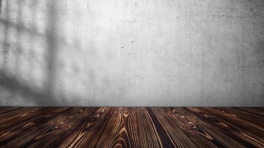 Beyaz ve gri beton duvarlı boş ahşap masa. Beton duvarın soyut deseni. Ürün sunumunu düzenle. Uzayı kopyala Duvar desenli arkaplan
