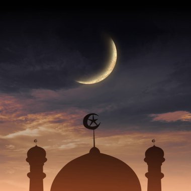 Silhouette of a mosque with a crescent moon on top. The moon is lit up with the sky is cloudy. Islamic religion, Ramadan kareem, or Eid Al Fitr background clipart