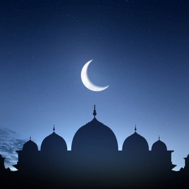 Silhouette of a mosque with crescent moon is shining brightly in the night sky. The stars are scattered throughout the sky. Islamic religion, Ramadan kareem, or Eid Al Fitr background clipart