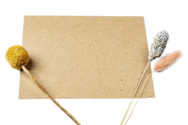 Beyaz arkaplanda çiçekler olan boş kahverengi kartın üst görüntüsü. Model, kopyalama alanı. Düz yatış biçimine sahip tebrik ya da davet kartı