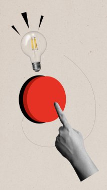 Bir insan eli, renkli arka planı olan yeni fikirler için ampulü açmak için kırmızı düğmeye basar. Fikir kavramı. Kolaj sanatı