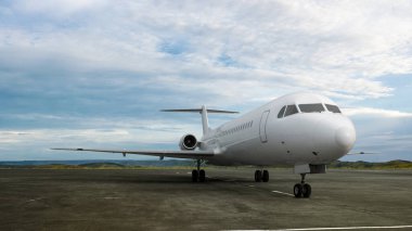 Pistteki mavi gökyüzü arka planlı ticari uçak. Uçak konseptiyle seyahat