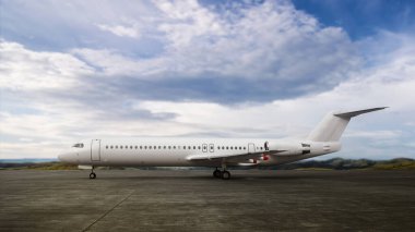 Pistteki mavi gökyüzü arka planlı ticari uçak. Uçak konseptiyle seyahat