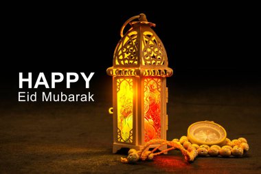 Arabic lantern with prayer beads and a qibla compass on a black background. Decoration for Muslim holidays celebration. Islamic fasting, Ramadan Kareem, Eid Al Adha, Eid Al Fitr, or Mubarak greetings clipart