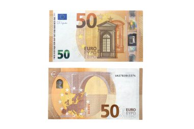 50 avroluk banknotun iki yüzü beyaz arka planda izole edilmiş. Maliye ve Avrupa para birimi kavramı