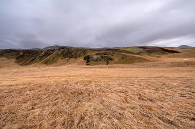 İzlanda 'daki dağ sırası manzaralı panoramik çayır manzarası. Doğa, seyahat, kış arkaplanı veya duvar kağıdı