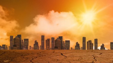 Kuraklık tarlalarının manzarası ve kötü ya da sıcak havanın olduğu bir şehir manzarası. Çevre koruma, iklim değişikliği, küresel ısınma veya net sıfır karbon nötr kavramları