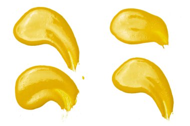 Beyaz arka planda el yapımı fırça ve boya desenli sarı akrilik leke elementlerinin varyasyonu. Akrilik fırça darbeleri soyut sıvı mürekkep desenini etkiler