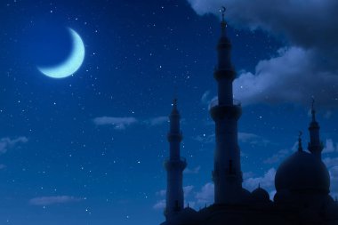 Gece sahne arkasında hilal şeklinde bir ay olan caminin siluetinin görüntüsü. Din, Ruhsal veya Ramazan kavramı