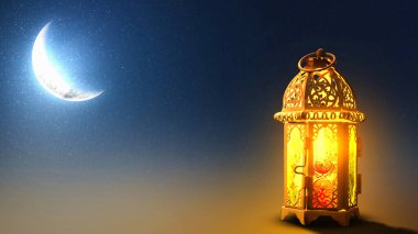 Hilal manzaralı geleneksel parlayan Arap feneri. Boşluğu veya maketi kopyala. Kurban Bayramı ve Ramazan Mübarek kavramı. İslami arka plan
