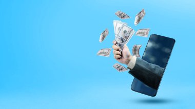 Cep telefonu ekranından dolarları tutan bir iş adamı. İş, finans ve ekonomi kavramı. Kolaj sanatı