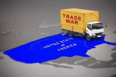 Amerika 'nın ya da Amerika Birleşik Devletleri' nin mavi haritası. Dünya haritasında kargo kamyonunda ticaret savaşı var. Amerika Birleşik Devletleri kavramı ile Çin arasındaki ticaret anlaşmazlığı veya ekonomik çatışma